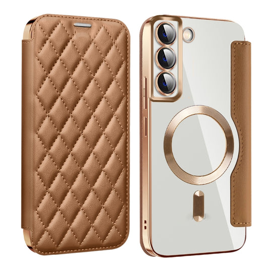 For Samsung Galaxy S23 5G Shield MagSafe RFID Anti-theft Rhombus Leather Phone Case(Brown)
