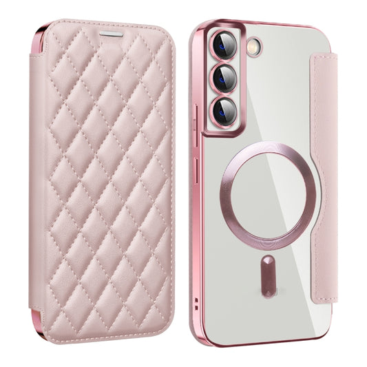 For Samsung Galaxy S23+ 5G Shield MagSafe RFID Anti-theft Rhombus Leather Phone Case(Pink) - Galaxy S23+ 5G Cases by buy2fix | Online Shopping UK | buy2fix