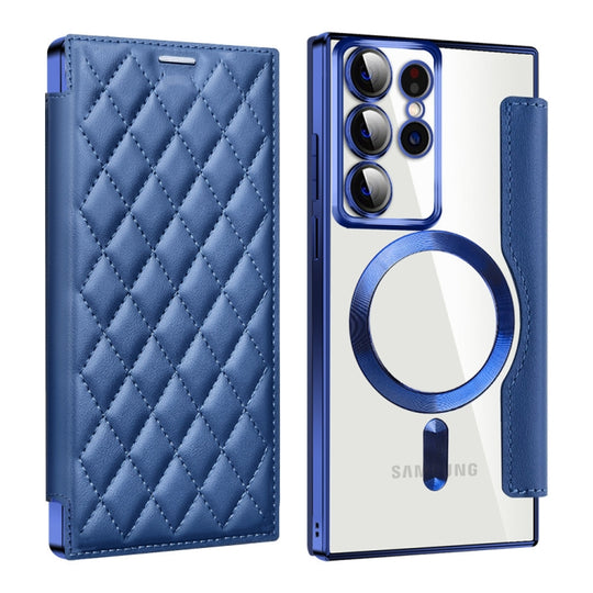 For Samsung Galaxy S23 Ultra 5G Shield MagSafe RFID Anti-theft Rhombus Leather Phone Case(Dark Blue)