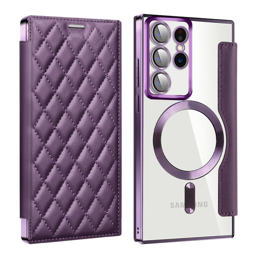 For Samsung Galaxy S23 Ultra 5G Shield MagSafe RFID Anti-theft Rhombus Leather Phone Case(Purple) - Galaxy S23 Ultra 5G Cases by buy2fix | Online Shopping UK | buy2fix