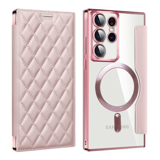 For Samsung Galaxy S23 Ultra 5G Shield MagSafe RFID Anti-theft Rhombus Leather Phone Case(Pink)