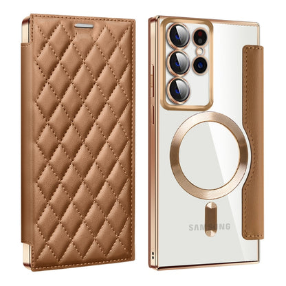 For Samsung Galaxy S23 Ultra 5G Shield MagSafe RFID Anti-theft Rhombus Leather Phone Case(Brown) - Galaxy S23 Ultra 5G Cases by buy2fix | Online Shopping UK | buy2fix