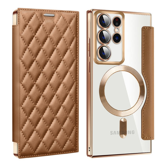 For Samsung Galaxy S23 Ultra 5G Shield MagSafe RFID Anti-theft Rhombus Leather Phone Case(Brown)