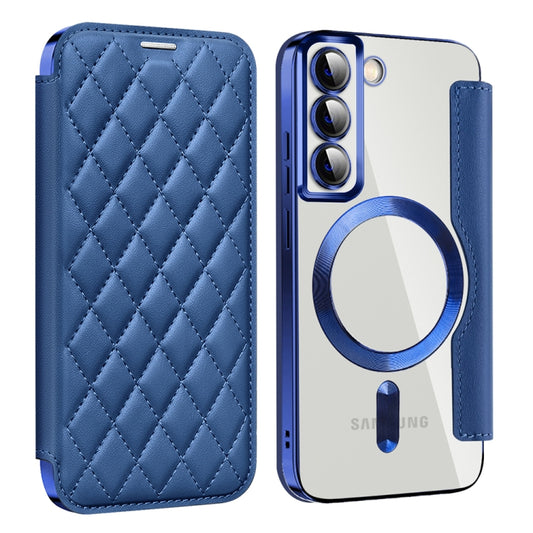 For Samsung Galaxy S22 5G Shield MagSafe RFID Anti-theft Rhombus Leather Phone Case(Dark Blue) - Galaxy S22 5G Cases by buy2fix | Online Shopping UK | buy2fix