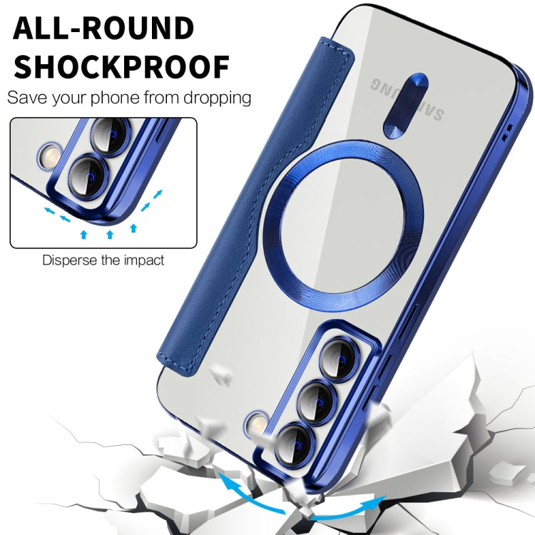 For Samsung Galaxy S22 5G Shield MagSafe RFID Anti-theft Rhombus Leather Phone Case(Dark Blue) - Galaxy S22 5G Cases by buy2fix | Online Shopping UK | buy2fix