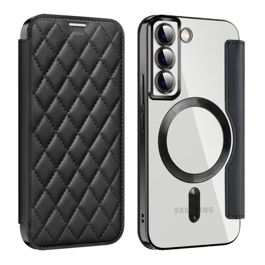 For Samsung Galaxy S22 5G Shield MagSafe RFID Anti-theft Rhombus Leather Phone Case(Black) - Galaxy S22 5G Cases by buy2fix | Online Shopping UK | buy2fix