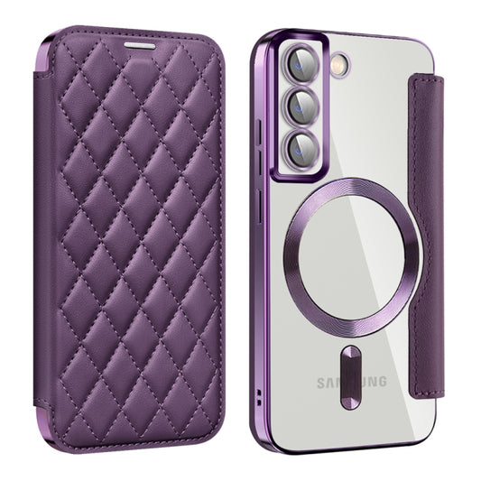 For Samsung Galaxy S22 5G Shield MagSafe RFID Anti-theft Rhombus Leather Phone Case(Purple) - Galaxy S22 5G Cases by buy2fix | Online Shopping UK | buy2fix