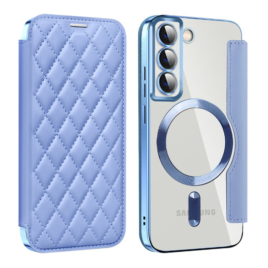 For Samsung Galaxy S22 5G Shield MagSafe RFID Anti-theft Rhombus Leather Phone Case(Blue) - Galaxy S22 5G Cases by buy2fix | Online Shopping UK | buy2fix