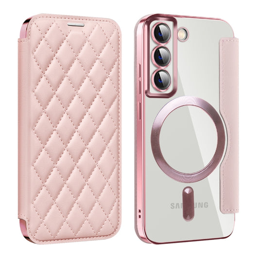 For Samsung Galaxy S22 5G Shield MagSafe RFID Anti-theft Rhombus Leather Phone Case(Pink) - Galaxy S22 5G Cases by buy2fix | Online Shopping UK | buy2fix