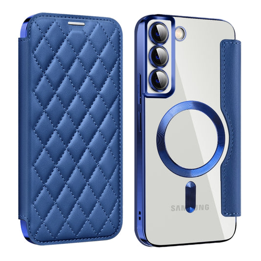 For Samsung Galaxy S22+ 5G Shield MagSafe RFID Anti-theft Rhombus Leather Phone Case(Dark Blue) - Galaxy S22+ 5G Cases by buy2fix | Online Shopping UK | buy2fix
