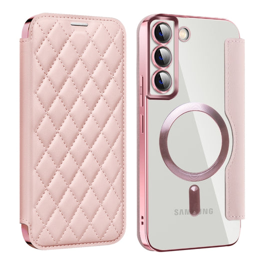 For Samsung Galaxy S22+ 5G Shield MagSafe RFID Anti-theft Rhombus Leather Phone Case(Pink) - Galaxy S22+ 5G Cases by buy2fix | Online Shopping UK | buy2fix