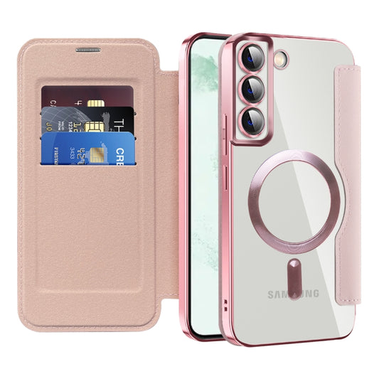 For Samsung Galaxy S22+ 5G Shield MagSafe RFID Anti-theft Rhombus Leather Phone Case(Pink) - Galaxy S22+ 5G Cases by buy2fix | Online Shopping UK | buy2fix