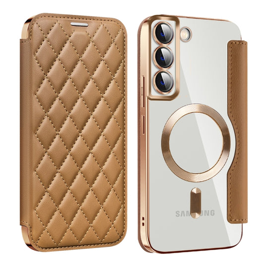 For Samsung Galaxy S22+ 5G Shield MagSafe RFID Anti-theft Rhombus Leather Phone Case(Brown)
