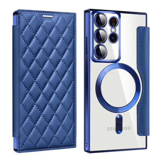 For Samsung Galaxy S22 Ultra 5G Shield MagSafe RFID Anti-theft Rhombus Leather Phone Case(Dark Blue) - Galaxy S22 Ultra 5G Cases by buy2fix | Online Shopping UK | buy2fix