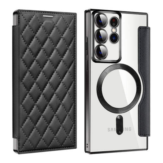 For Samsung Galaxy S22 Ultra 5G Shield MagSafe RFID Anti-theft Rhombus Leather Phone Case(Black) - Galaxy S22 Ultra 5G Cases by buy2fix | Online Shopping UK | buy2fix