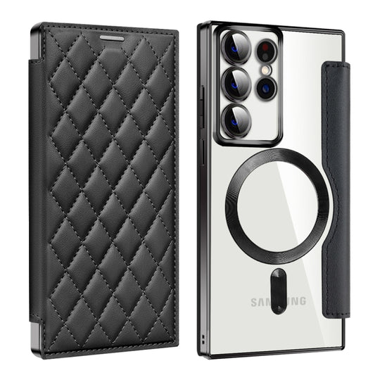 For Samsung Galaxy S22 Ultra 5G Shield MagSafe RFID Anti-theft Rhombus Leather Phone Case(Black)