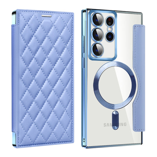 For Samsung Galaxy S22 Ultra 5G Shield MagSafe RFID Anti-theft Rhombus Leather Phone Case(Blue) - Galaxy S22 Ultra 5G Cases by buy2fix | Online Shopping UK | buy2fix