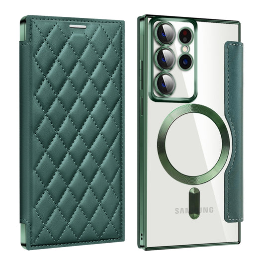 For Samsung Galaxy S22 Ultra 5G Shield MagSafe RFID Anti-theft Rhombus Leather Phone Case(Green) - Galaxy S22 Ultra 5G Cases by buy2fix | Online Shopping UK | buy2fix