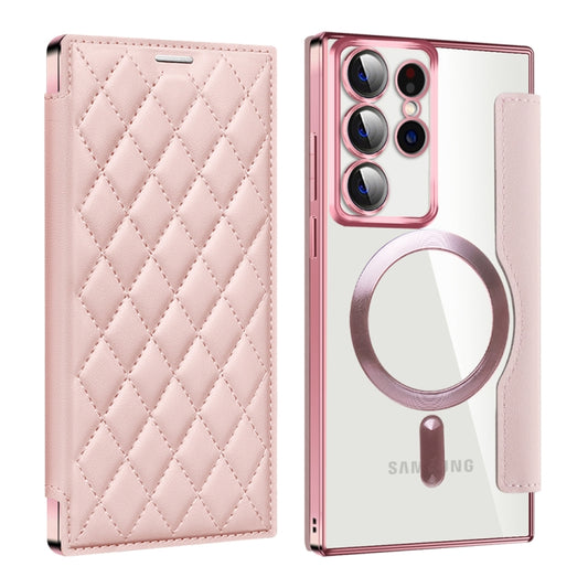 For Samsung Galaxy S22 Ultra 5G Shield MagSafe RFID Anti-theft Rhombus Leather Phone Case(Pink) - Galaxy S22 Ultra 5G Cases by buy2fix | Online Shopping UK | buy2fix
