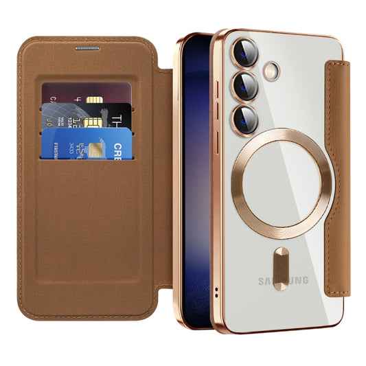 For Samsung Galaxy S24 5G Shield MagSafe RFID Anti-theft Rhombus Leather Phone Case(Brown) - Galaxy S24 5G Cases by buy2fix | Online Shopping UK | buy2fix