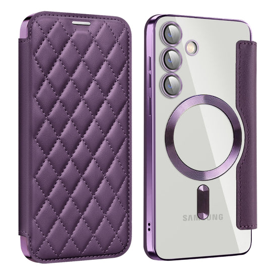 For Samsung Galaxy S24+ 5G Shield MagSafe RFID Anti-theft Rhombus Leather Phone Case(Purple)