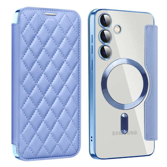 For Samsung Galaxy S24+ 5G Shield MagSafe RFID Anti-theft Rhombus Leather Phone Case(Blue)