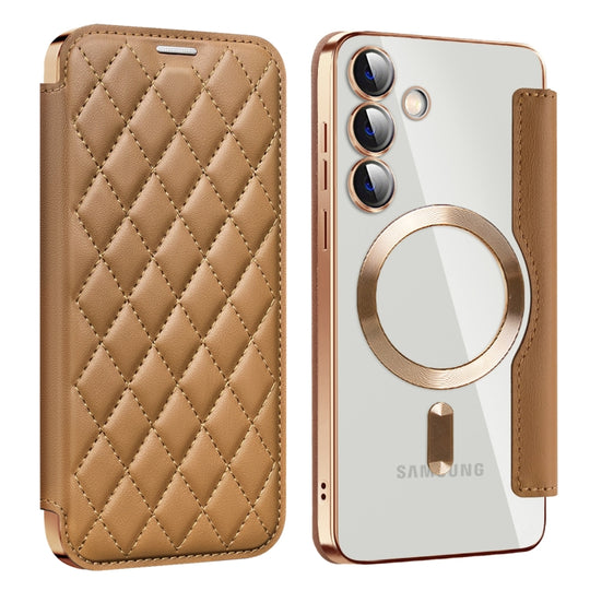 For Samsung Galaxy S24+ 5G Shield MagSafe RFID Anti-theft Rhombus Leather Phone Case(Brown)