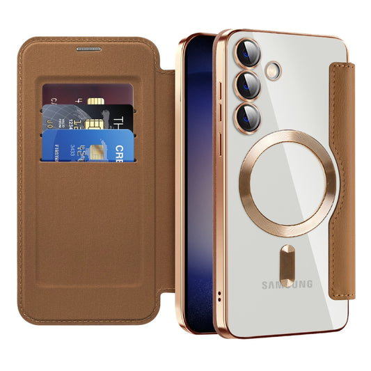 For Samsung Galaxy S24+ 5G Shield MagSafe RFID Anti-theft Rhombus Leather Phone Case(Brown) - Galaxy S24+ 5G Cases by buy2fix | Online Shopping UK | buy2fix