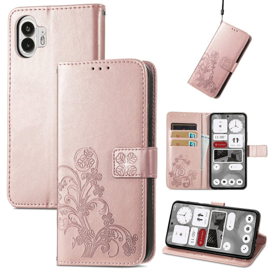 For Nothing Phone 2  Four-leaf Clasp Embossed Buckle Leather Phone Case(Rose Gold) - Nothing Cases by buy2fix | Online Shopping UK | buy2fix