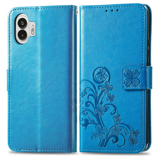 For Nothing Phone 2  Four-leaf Clasp Embossed Buckle Leather Phone Case(Blue) - Nothing Cases by buy2fix | Online Shopping UK | buy2fix