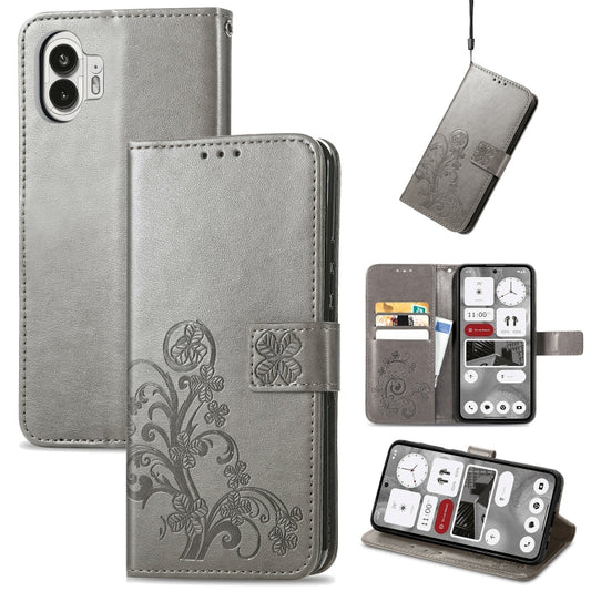 For Nothing Phone 2  Four-leaf Clasp Embossed Buckle Leather Phone Case(Gray) - Nothing Cases by buy2fix | Online Shopping UK | buy2fix