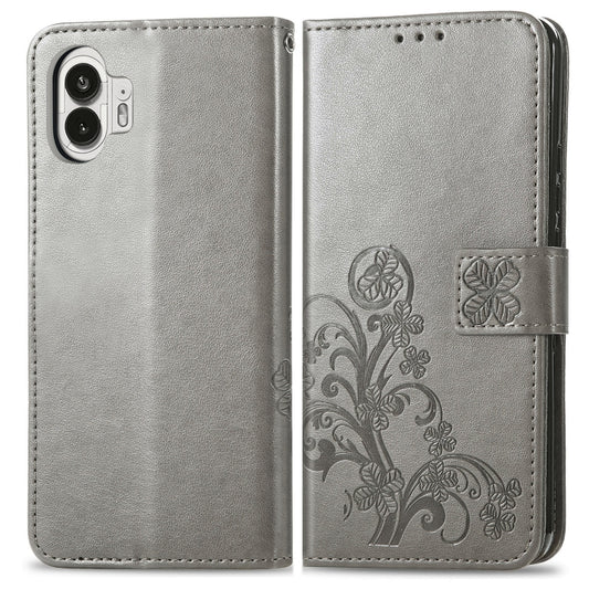For Nothing Phone 2  Four-leaf Clasp Embossed Buckle Leather Phone Case(Gray) - Nothing Cases by buy2fix | Online Shopping UK | buy2fix