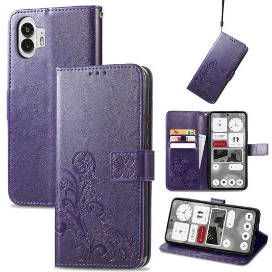 For Nothing Phone 2  Four-leaf Clasp Embossed Buckle Leather Phone Case(Purple) - Nothing Cases by buy2fix | Online Shopping UK | buy2fix