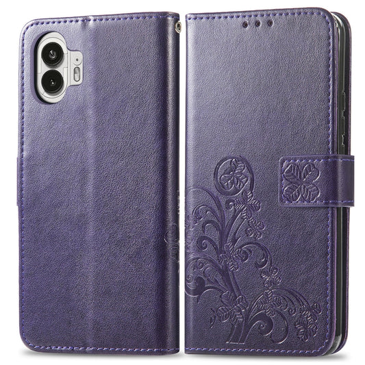For Nothing Phone 2  Four-leaf Clasp Embossed Buckle Leather Phone Case(Purple) - Nothing Cases by buy2fix | Online Shopping UK | buy2fix