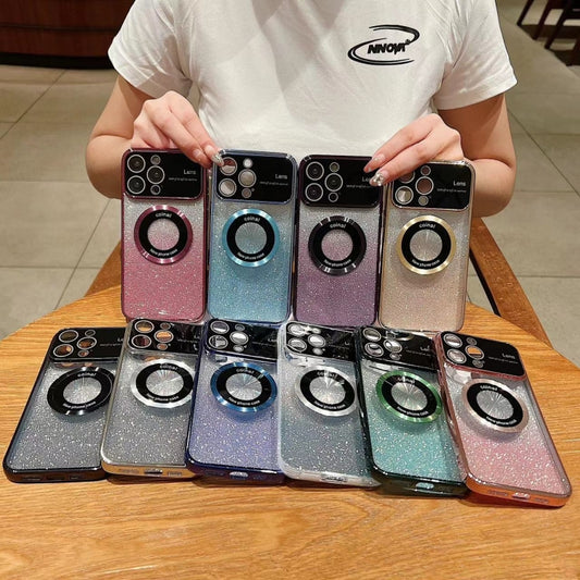 For iPhone 12 Pro Large Window MagSafe Gradient Glitter Electroplating TPU Phone Case(Navy Blue) - iPhone 12 / 12 Pro Cases by buy2fix | Online Shopping UK | buy2fix