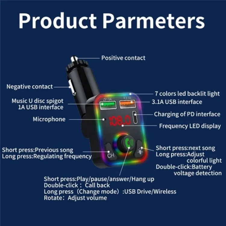 P3 Car Bluetooth Hands-Free AUX Audio Car MP3 Player FM Transmitter PD Fast Charger - Car Charger by buy2fix | Online Shopping UK | buy2fix