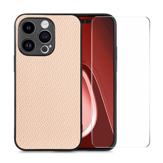 For iPhone 14 Pro Max ENKAY Fiber Leather Skin PC Phone Case with High Aluminum-silicon Glass Film(Khaki) - iPhone 14 Pro Max Cases by ENKAY | Online Shopping UK | buy2fix