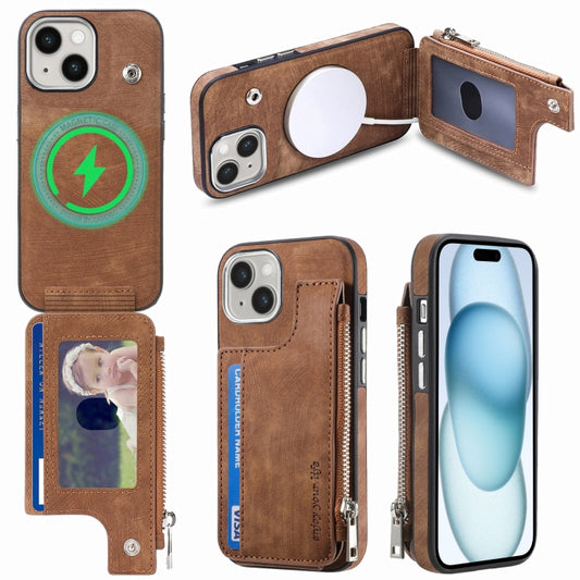 For iPhone 15 Magsafe Zipper RFID Wallet All-inclusive Shockrpoof Phone Case(Brown) - iPhone 15 Cases by buy2fix | Online Shopping UK | buy2fix