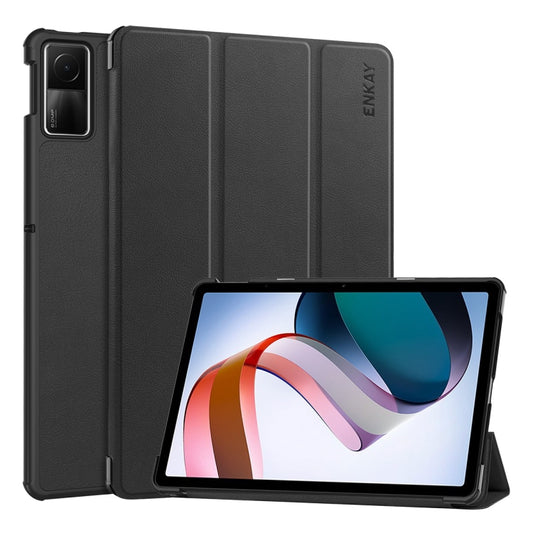 For Redmi Pad SE 11.0 ENKAY Tri-fold Custer Texture Leather Smart Tablet Case(Black) by ENKAY