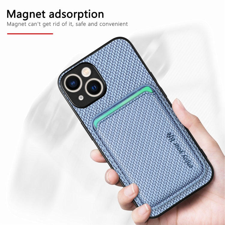 For iPhone 15 Carbon Fiber Leather Card Magsafe Phone Case(Blue) - iPhone 15 Cases by buy2fix | Online Shopping UK | buy2fix
