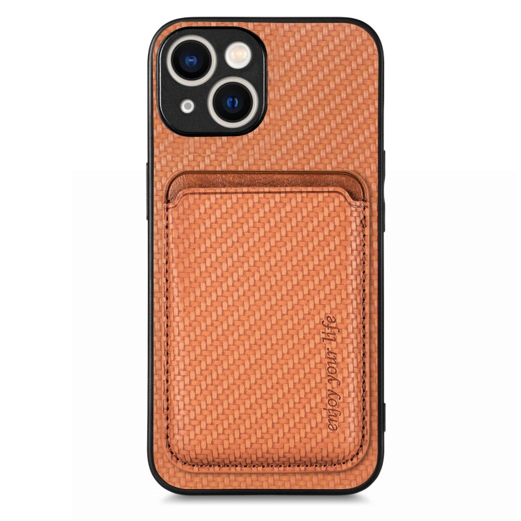 For iPhone 15 Carbon Fiber Leather Card Magsafe Phone Case(Brown) - iPhone 15 Cases by buy2fix | Online Shopping UK | buy2fix