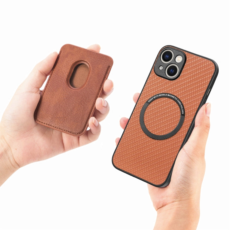 For iPhone 15 Carbon Fiber Leather Card Magsafe Phone Case(Brown) - iPhone 15 Cases by buy2fix | Online Shopping UK | buy2fix