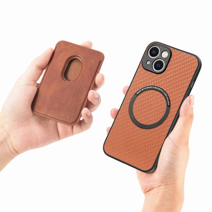 For iPhone 15 Carbon Fiber Leather Card Magsafe Phone Case(Brown) - iPhone 15 Cases by buy2fix | Online Shopping UK | buy2fix