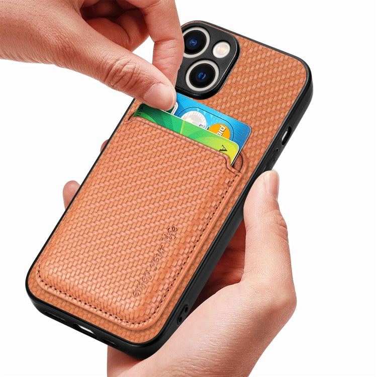 For iPhone 15 Carbon Fiber Leather Card Magsafe Phone Case(Brown) - iPhone 15 Cases by buy2fix | Online Shopping UK | buy2fix