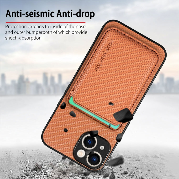 For iPhone 15 Carbon Fiber Leather Card Magsafe Phone Case(Brown) - iPhone 15 Cases by buy2fix | Online Shopping UK | buy2fix
