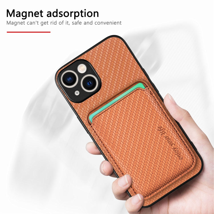For iPhone 15 Carbon Fiber Leather Card Magsafe Phone Case(Brown) - iPhone 15 Cases by buy2fix | Online Shopping UK | buy2fix