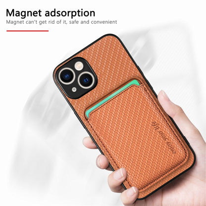 For iPhone 15 Carbon Fiber Leather Card Magsafe Phone Case(Brown) - iPhone 15 Cases by buy2fix | Online Shopping UK | buy2fix