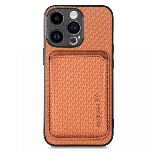 For iPhone 15 Pro Carbon Fiber Leather Card Magsafe Phone Case(Brown) - iPhone 15 Pro Cases by buy2fix | Online Shopping UK | buy2fix