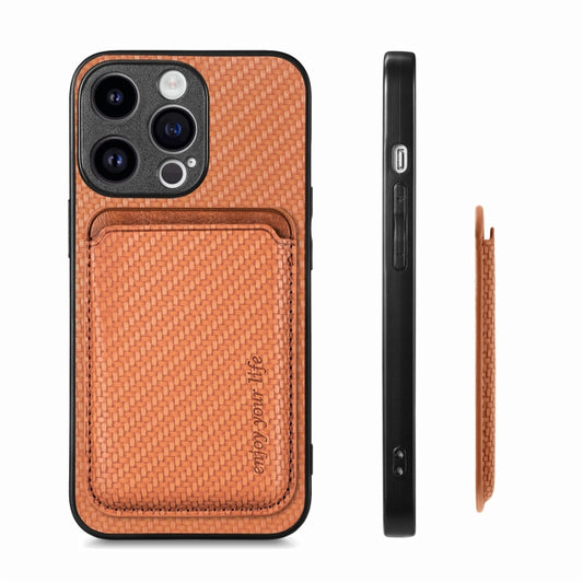 For iPhone 15 Pro Carbon Fiber Leather Card Magsafe Phone Case(Brown) - iPhone 15 Pro Cases by buy2fix | Online Shopping UK | buy2fix