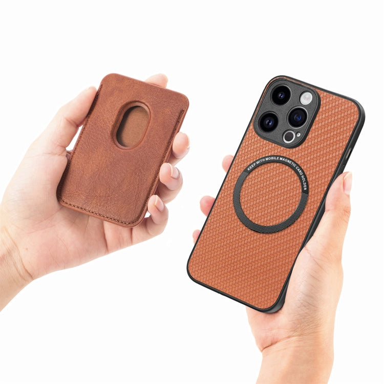 For iPhone 15 Pro Carbon Fiber Leather Card Magsafe Phone Case(Brown) - iPhone 15 Pro Cases by buy2fix | Online Shopping UK | buy2fix